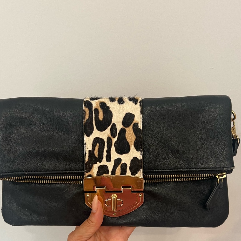 New Aldo Black Leopard Print Leather Bag Clutch Handbag Purse